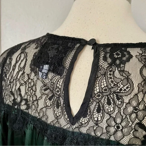Johnny Was Emerald Green 100% Silk Maxi Dress Black Lace Accents Sz Large Belt - Picture 8 of 15